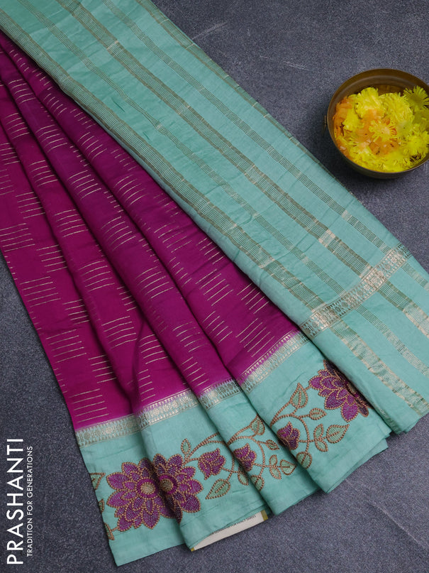Semi chanderi saree purple shade and pastel green with allover zari weaves and embroidery border