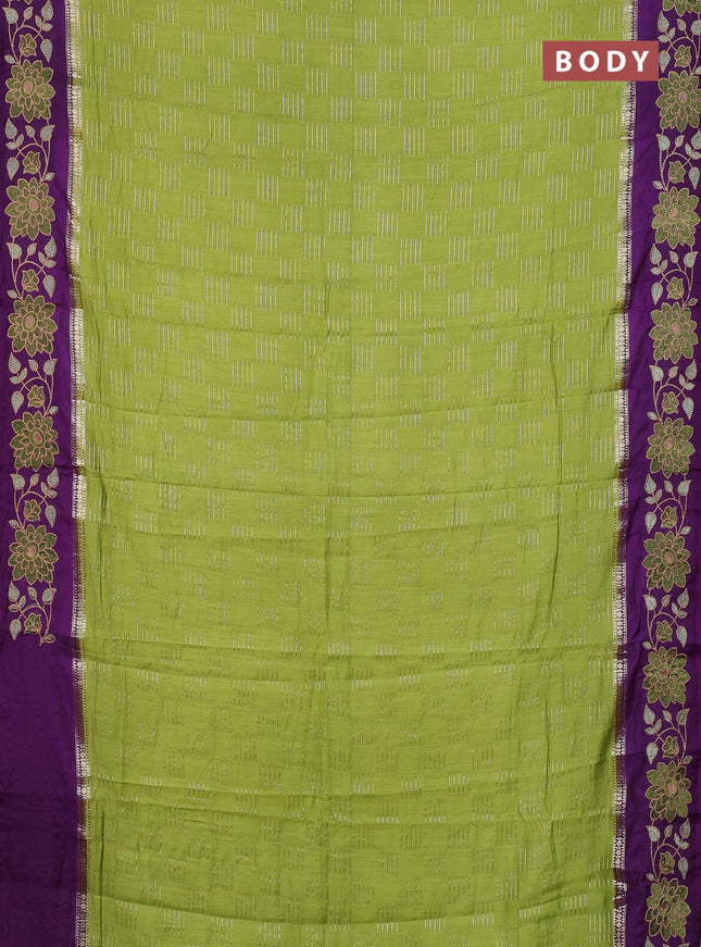Semi chanderi saree green and violet with allover zari weaves and embroidery border