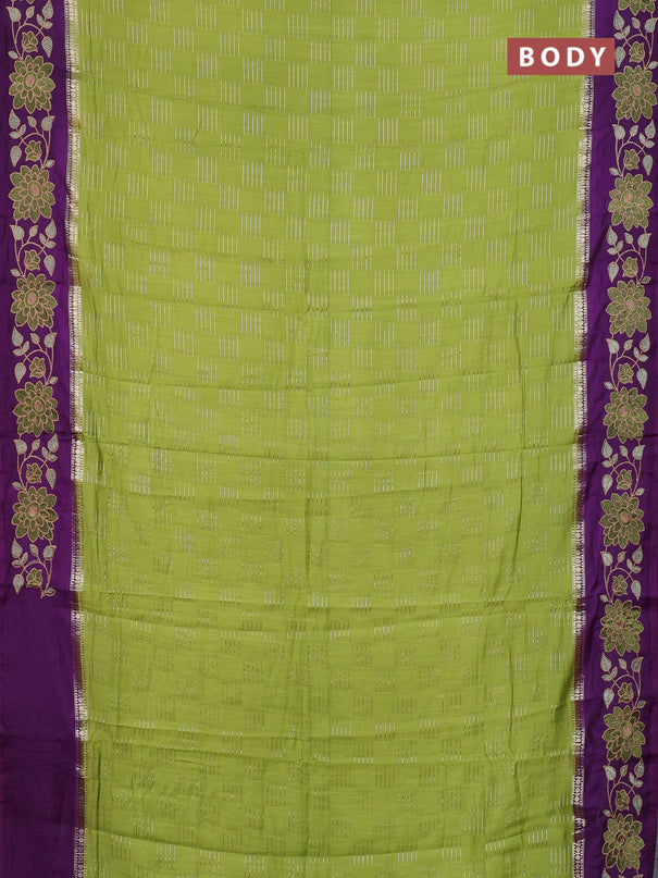 Semi chanderi saree green and violet with allover zari weaves and embroidery border