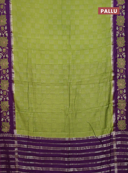 Semi chanderi saree green and violet with allover zari weaves and embroidery border