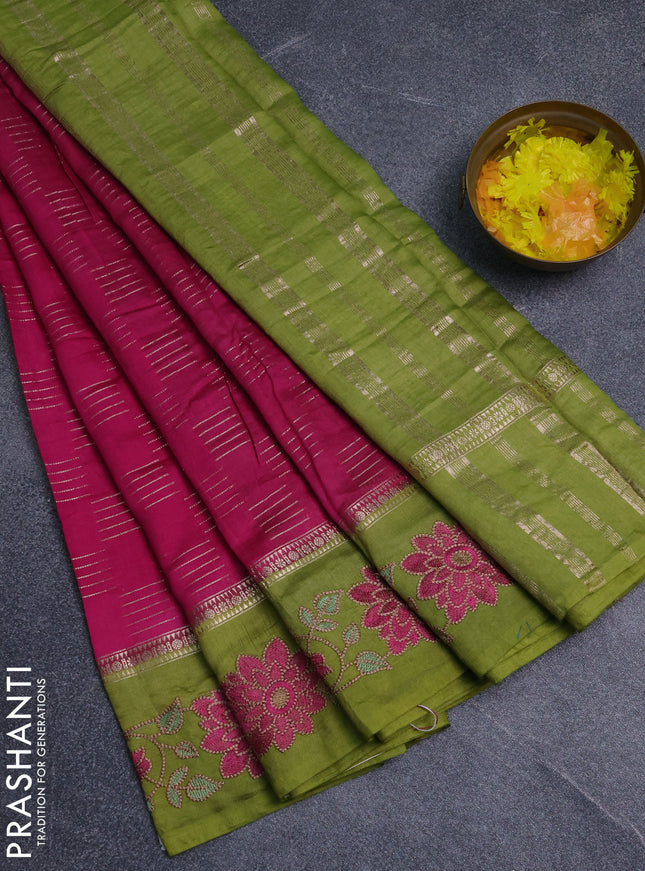Semi chanderi saree pink and mehendi green with allover zari weaves and embroidery border