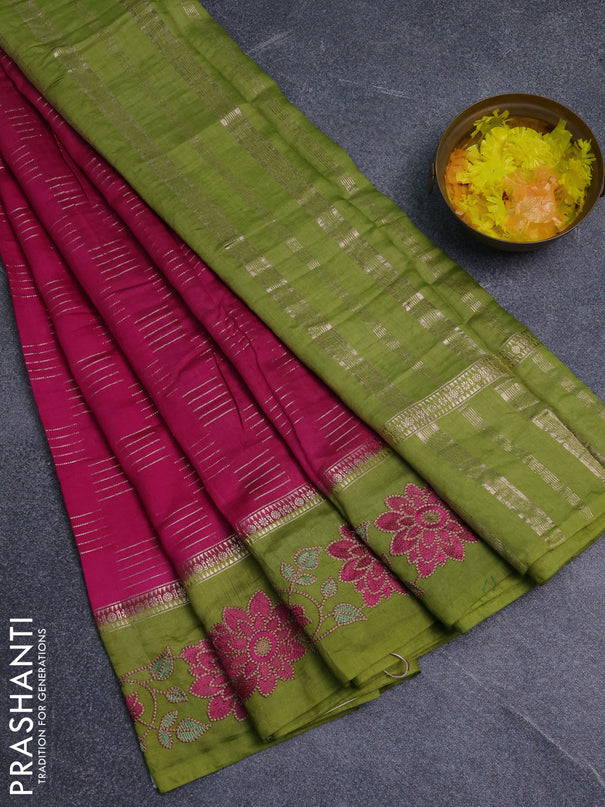 Semi chanderi saree pink and mehendi green with allover zari weaves and embroidery border