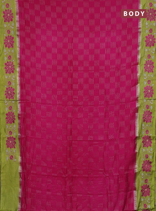 Semi chanderi saree pink and mehendi green with allover zari weaves and embroidery border