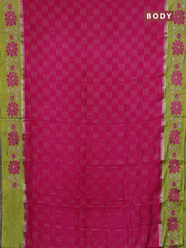 Semi chanderi saree pink and mehendi green with allover zari weaves and embroidery border