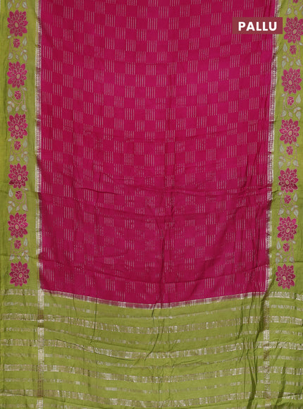 Semi chanderi saree pink and mehendi green with allover zari weaves and embroidery border