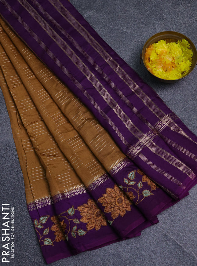 Semi chanderi saree brown and violet with allover zari weaves and embroidery border