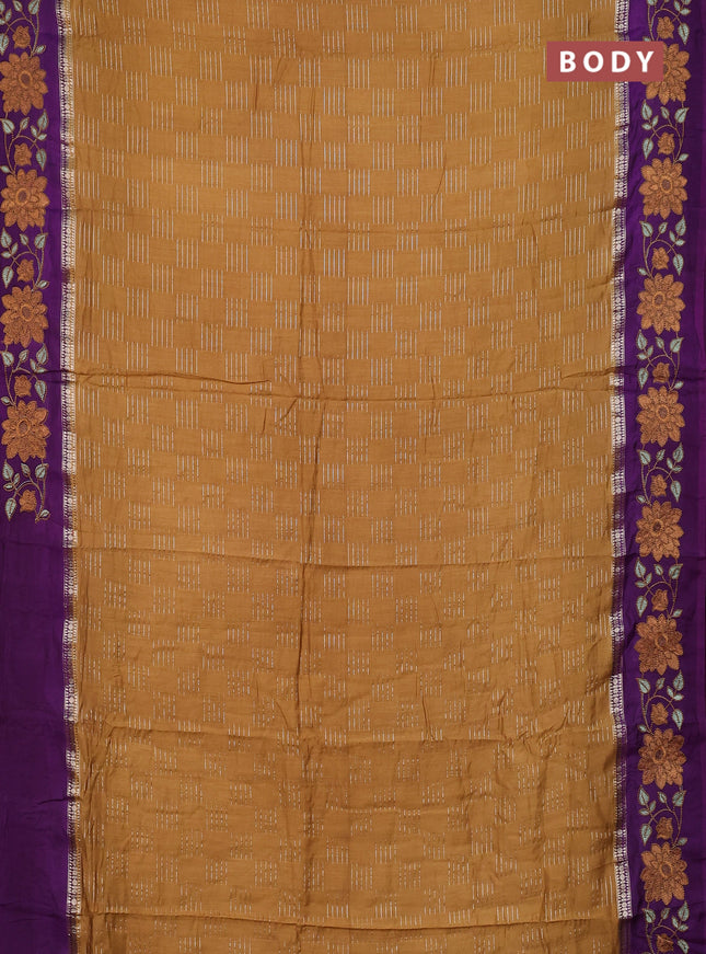 Semi chanderi saree brown and violet with allover zari weaves and embroidery border
