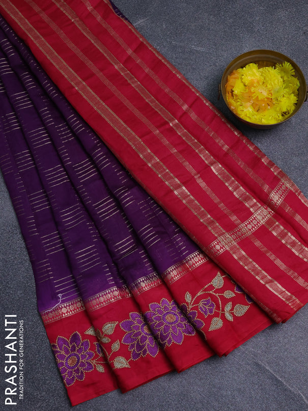 Semi chanderi saree violet and pink with allover zari weaves and embroidery border
