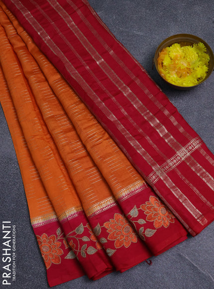 Semi chanderi saree orange and pink with allover zari weaves and embroidery border