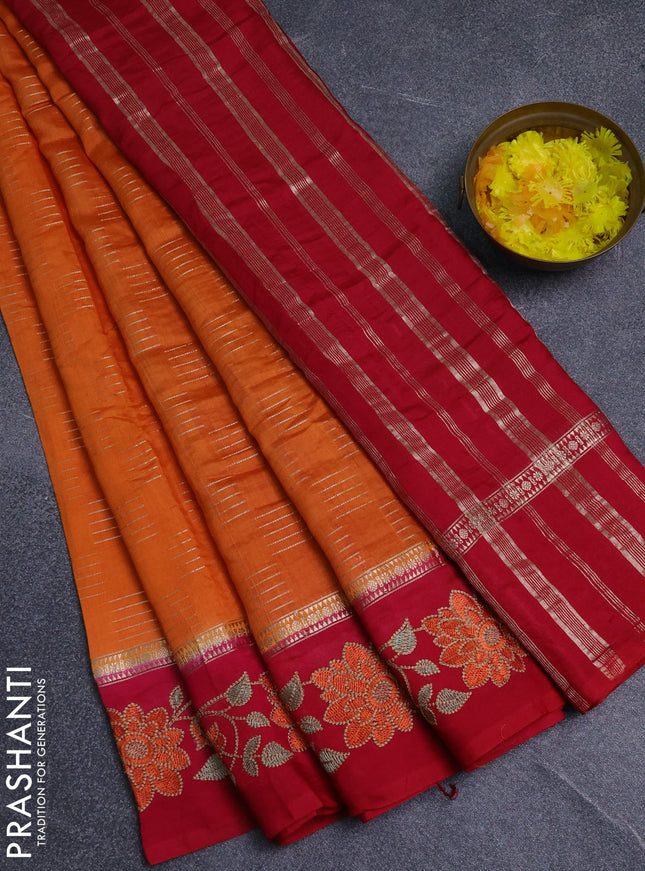 Semi chanderi saree orange and pink with allover zari weaves and embroidery border