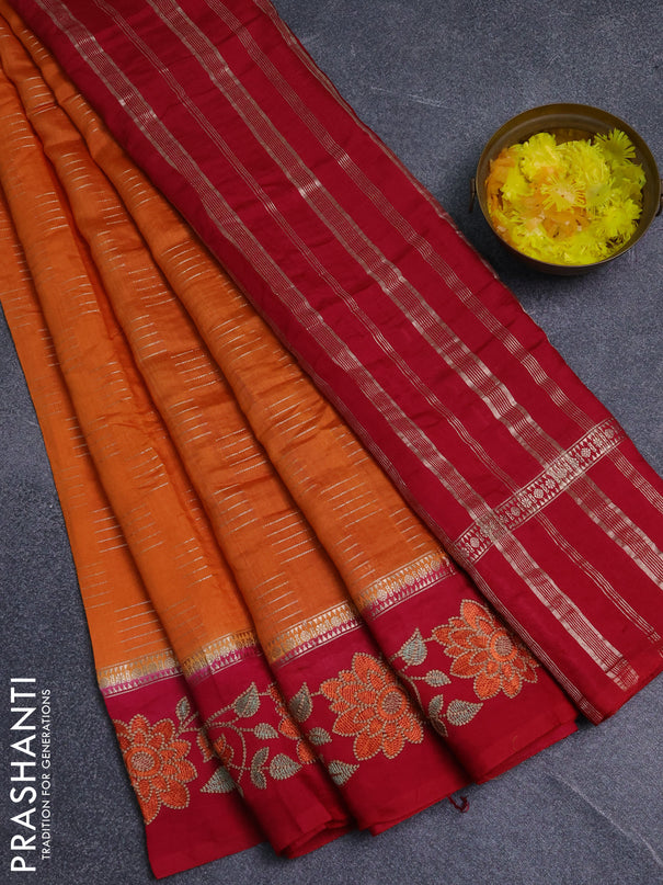 Semi chanderi saree orange and pink with allover zari weaves and embroidery border