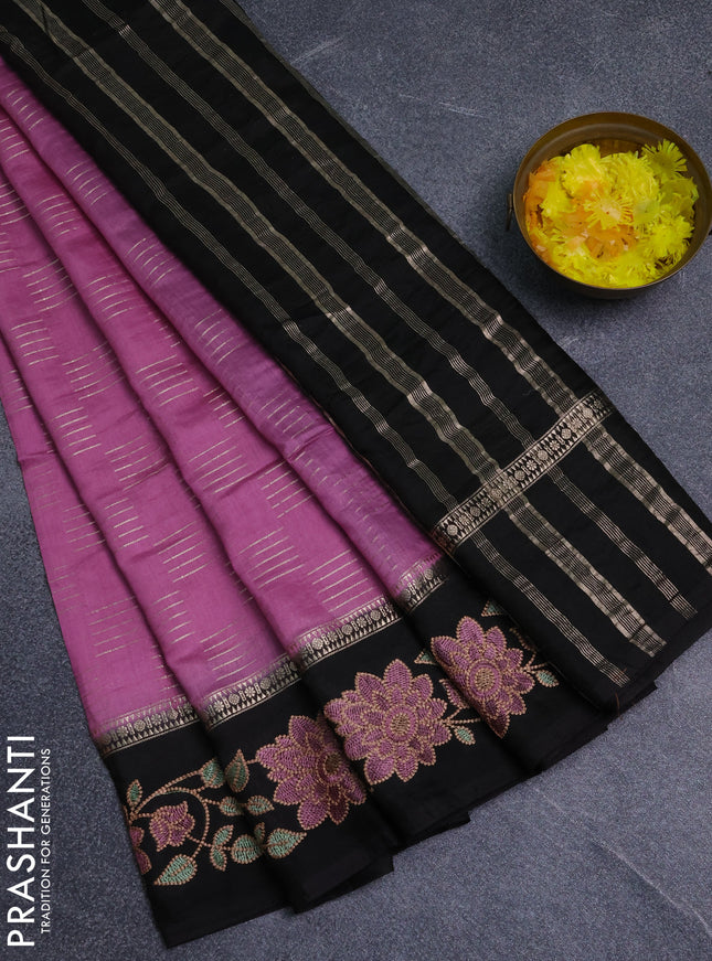 Semi chanderi saree mauve pink and black with allover zari weaves and embroidery border