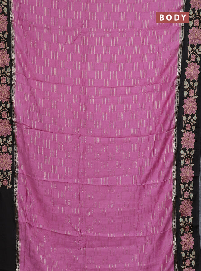 Semi chanderi saree mauve pink and black with allover zari weaves and embroidery border