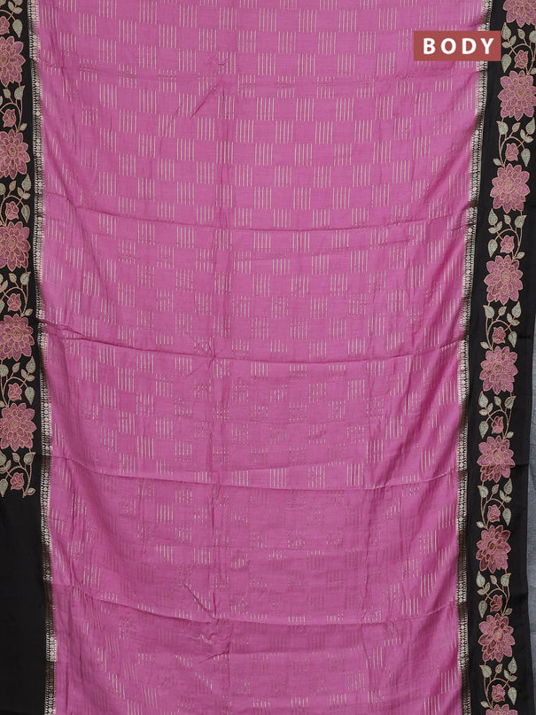 Semi chanderi saree mauve pink and black with allover zari weaves and embroidery border