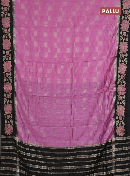 Semi chanderi saree mauve pink and black with allover zari weaves and embroidery border