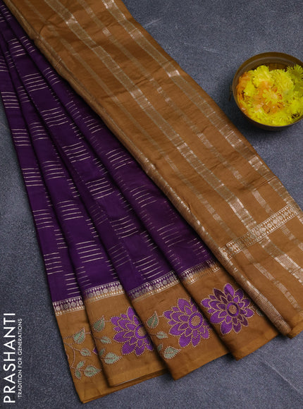 Semi chanderi saree violet and brown with allover zari weaves and embroidery border