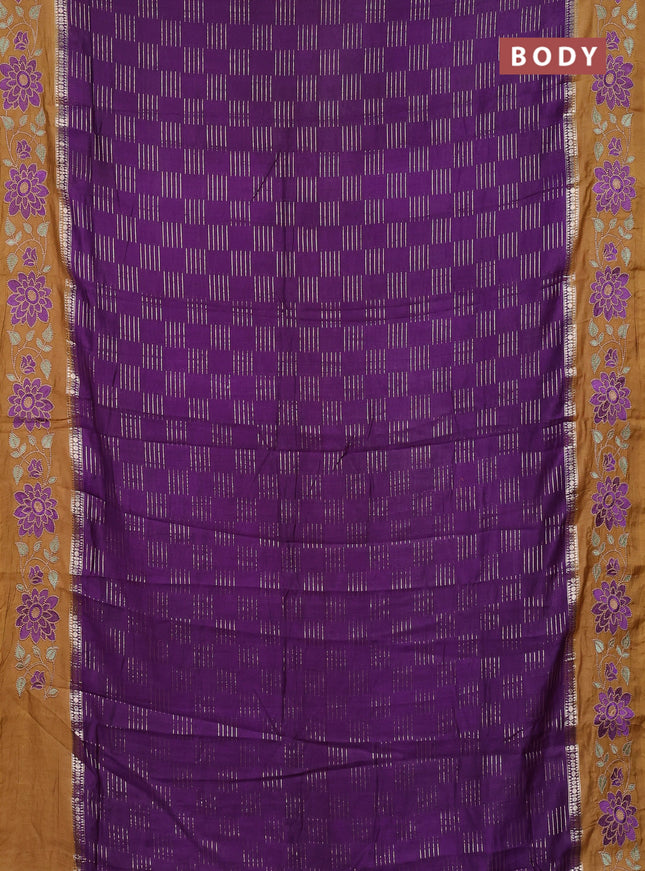 Semi chanderi saree violet and brown with allover zari weaves and embroidery border