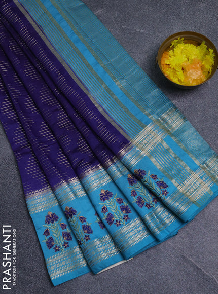 Semi chanderi saree blue and teal blue with allover zari weaves and embroidery zari border
