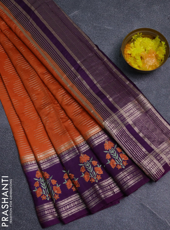 Semi chanderi saree orange and purple with allover zari weaves and embroidery zari border