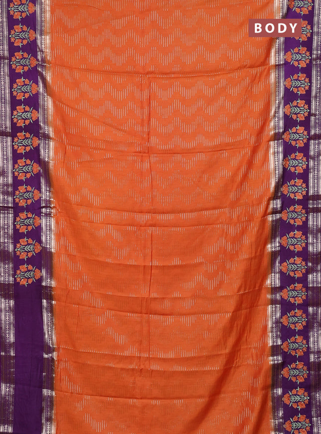 Semi chanderi saree orange and purple with allover zari weaves and embroidery zari border