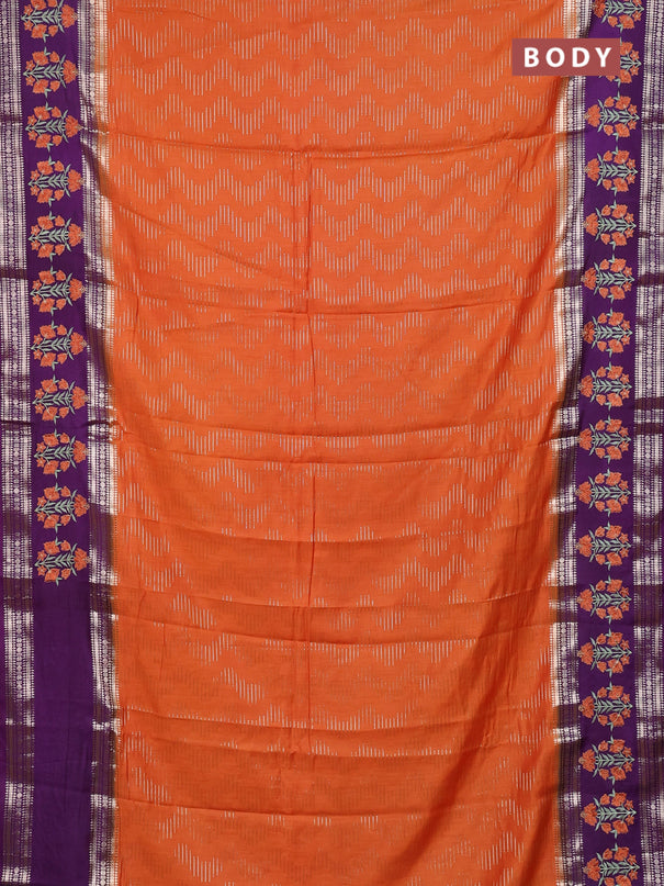Semi chanderi saree orange and purple with allover zari weaves and embroidery zari border