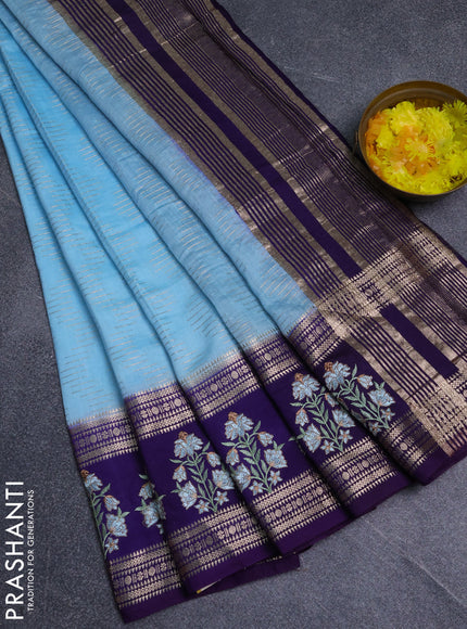 Semi chanderi saree light blue and violet with allover zari weaves and embroidery zari border