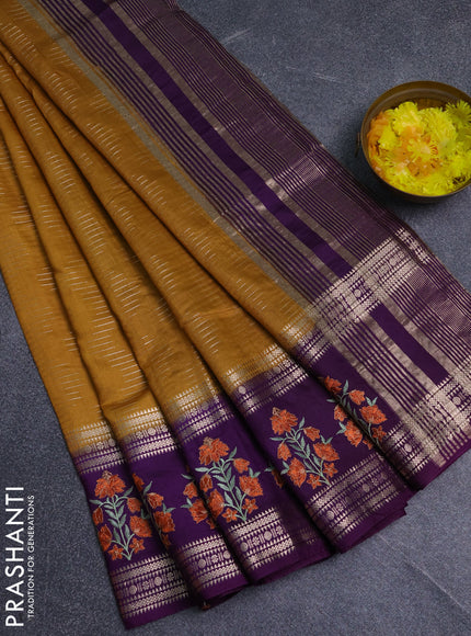 Semi chanderi saree dark mustard and violet with allover zari weaves and embroidery zari border