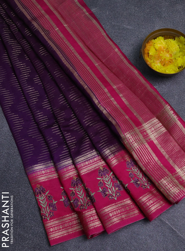 Semi chanderi saree purple and pink with allover zari weaves and embroidery zari border