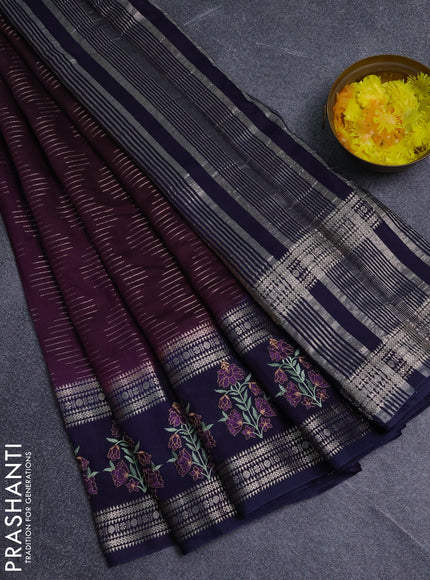 Semi chanderi saree wine shade and navy blue with allover zari weaves and embroidery zari border
