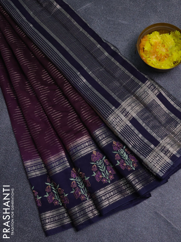 Semi chanderi saree wine shade and navy blue with allover zari weaves and embroidery zari border