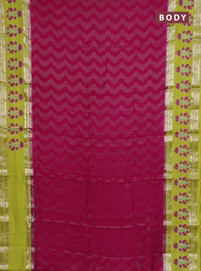 Semi chanderi saree pink and light green with allover zari weaves and embroidery zari border