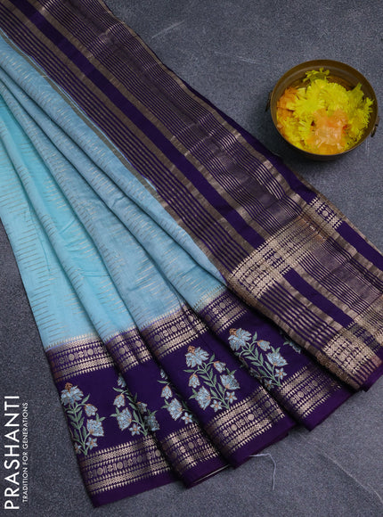 Semi chanderi saree light blue and violet with allover zari weaves and embroidery zari border