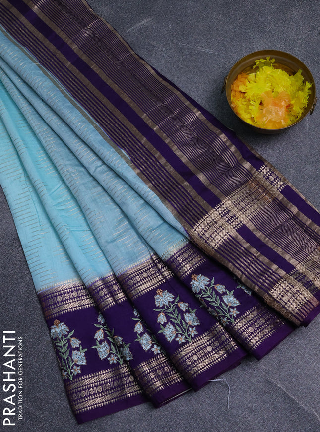 Semi chanderi saree light blue and violet with allover zari weaves and embroidery zari border