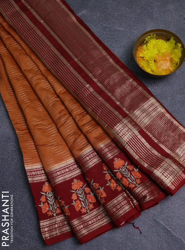 Semi chanderi saree rustic orange and maroon with allover zari weaves and embroidery zari border