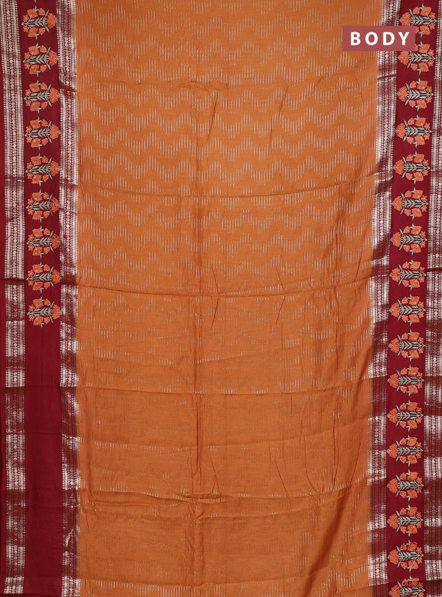 Semi chanderi saree rustic orange and maroon with allover zari weaves and embroidery zari border