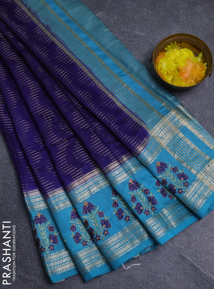 Semi chanderi saree violet shade and teal blue with allover zari weaves and embroidery zari border