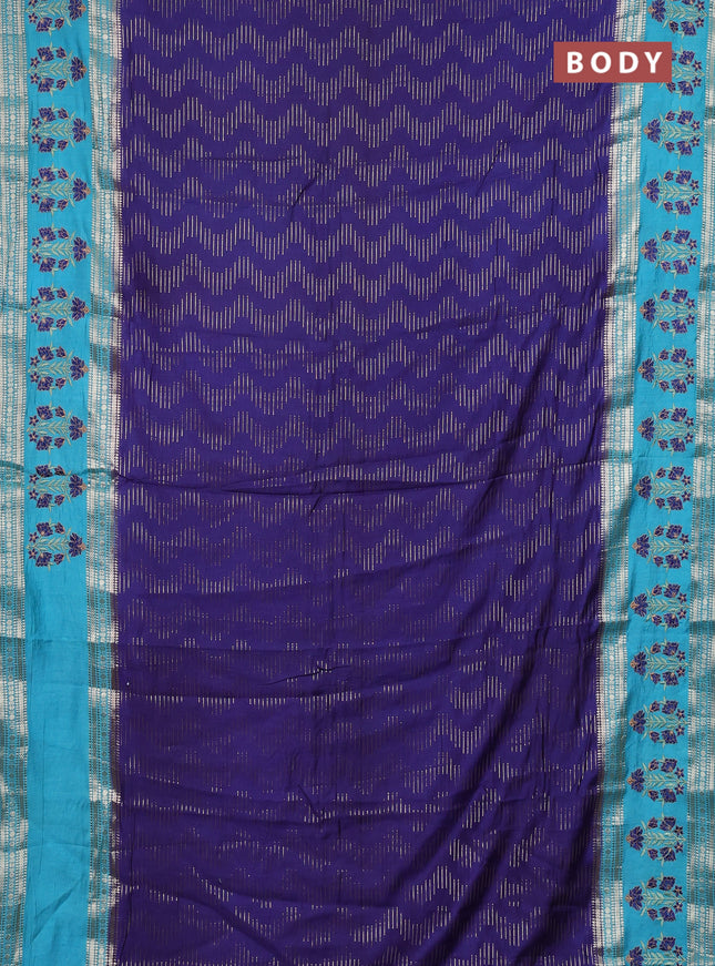 Semi chanderi saree violet shade and teal blue with allover zari weaves and embroidery zari border