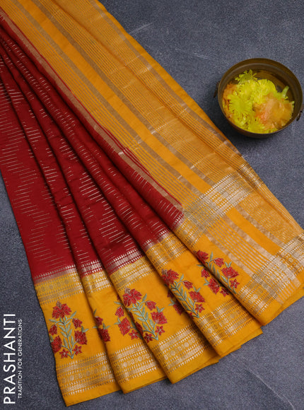 Semi chanderi saree red and mango yellow with allover zari weaves and embroidery zari border