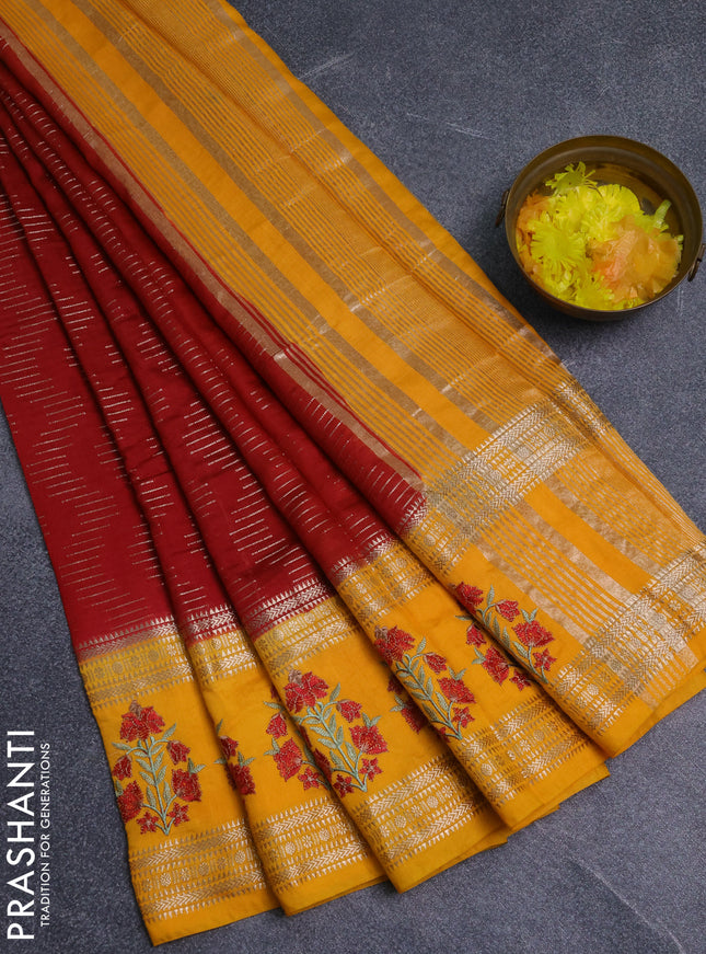 Semi chanderi saree red and mango yellow with allover zari weaves and embroidery zari border
