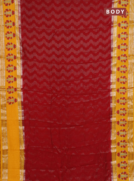 Semi chanderi saree red and mango yellow with allover zari weaves and embroidery zari border