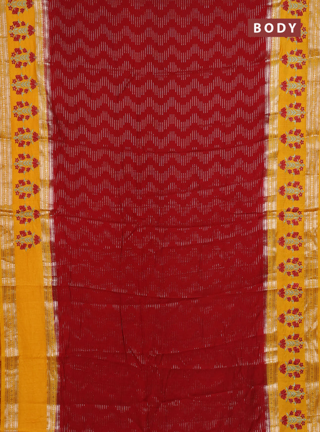 Semi chanderi saree red and mango yellow with allover zari weaves and embroidery zari border