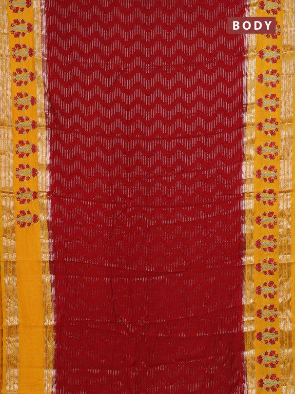 Semi chanderi saree red and mango yellow with allover zari weaves and embroidery zari border