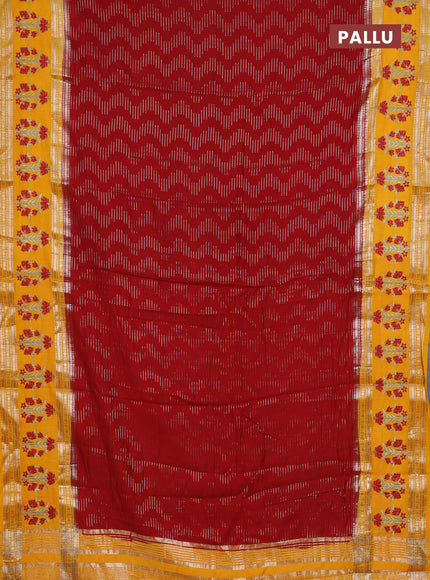 Semi chanderi saree red and mango yellow with allover zari weaves and embroidery zari border