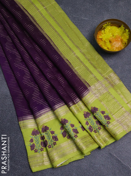 Semi chanderi saree purple and fluorescent green with allover zari weaves and embroidery zari border
