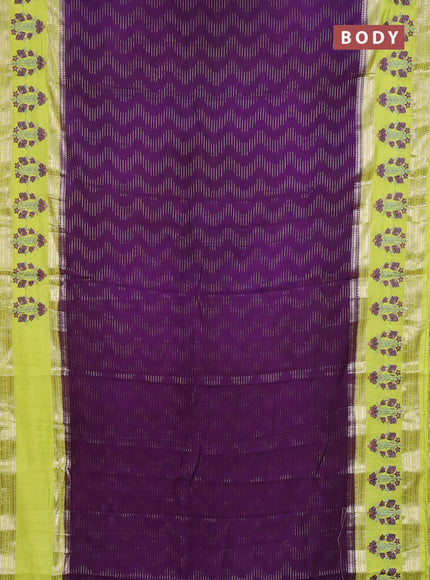 Semi chanderi saree purple and fluorescent green with allover zari weaves and embroidery zari border