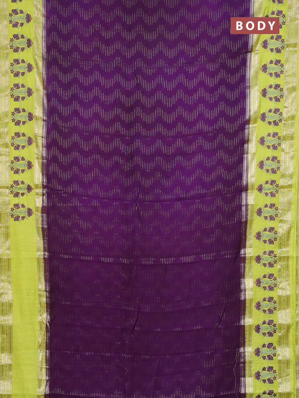 Semi chanderi saree purple and fluorescent green with allover zari weaves and embroidery zari border