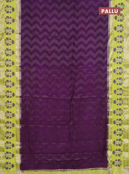 Semi chanderi saree purple and fluorescent green with allover zari weaves and embroidery zari border