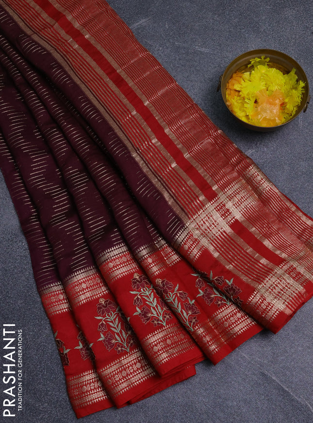 Semi chanderi saree deep maroon and red with allover zari weaves and embroidery zari border