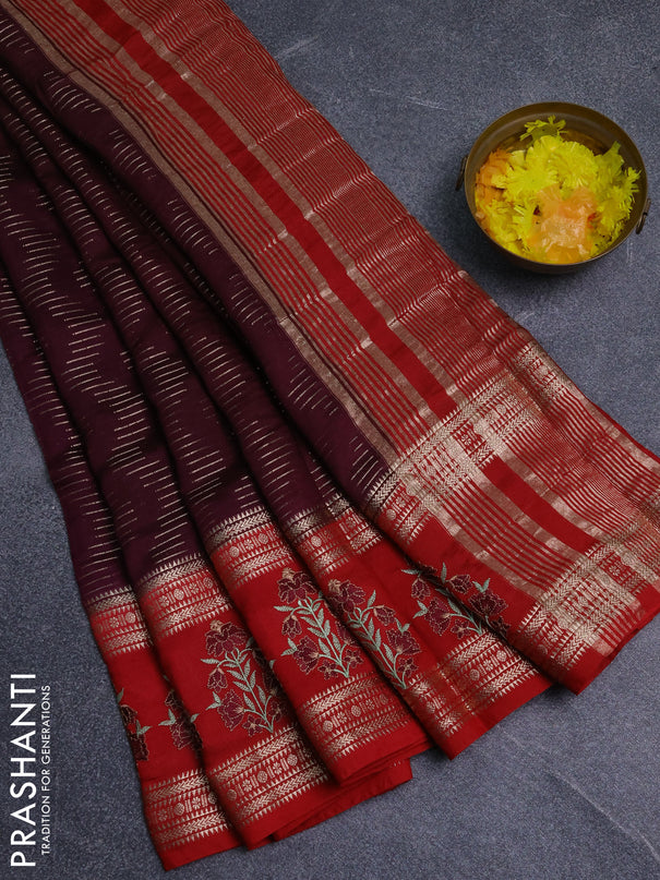 Semi chanderi saree deep maroon and red with allover zari weaves and embroidery zari border