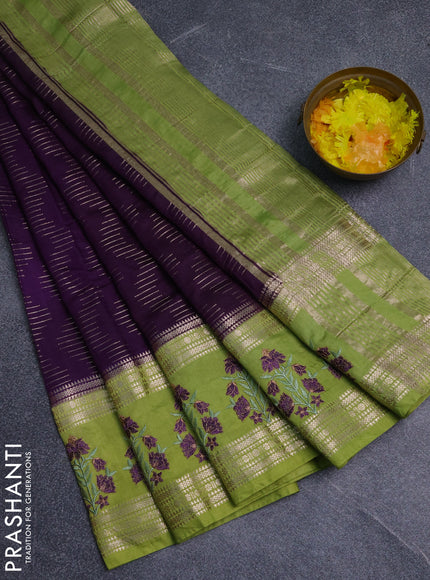 Semi chanderi saree purple and light green with allover zari weaves and embroidery zari border